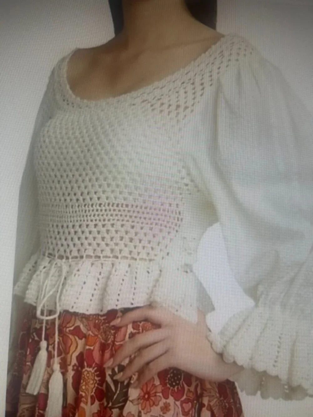 Free People Megan Crochet Ivory Scoop Neck Ruffle Hem Tie Keyhole Back Top NWT